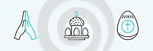 Set line Easter egg, Hands in praying position and cake eggs icon. Vector