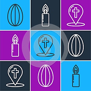Set line Easter egg, Map pointer with christian cross and Burning candle icon. Vector