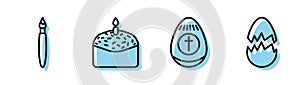 Set line Easter egg, Paint brush, Easter cake and candle and Broken egg icon. Vector