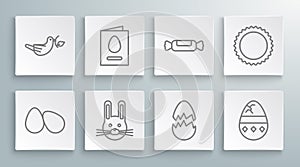 Set line Easter eggs, Greeting card with Happy, rabbit, Broken, Cracked, Candy, Sun and Peace dove olive branch icon
