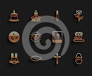 Set line Easter rabbit, Christian fish, cake and candle, cross, Broken egg, heart, eggs and Holy bible book icon. Vector