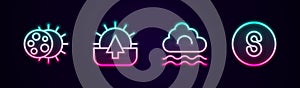 Set line Eclipse of the sun, Sunrise, Fog and cloud and Compass south. Glowing neon icon. Vector