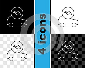Set line Eco car concept drive with leaf icon isolated on black and white, transparent background. Green energy car