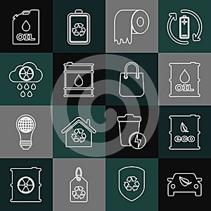 Set line Eco car drive with leaf, Bio fuel barrel, Oil, Toilet paper roll, Acid rain and radioactive cloud, Canister