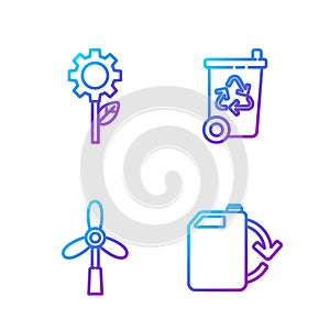 Set line Eco fuel canister, Wind turbine, Leaf plant in gear machine and Recycle bin with recycle. Gradient color icons