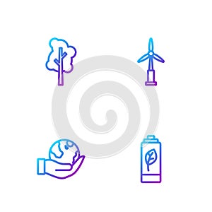 Set line Eco nature leaf battery, Hand holding Earth globe, Tree and Wind turbine. Gradient color icons. Vector