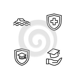 Set line Education grant, Graduation cap with shield, Flood car and Life insurance icon. Vector