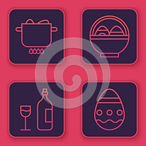 Set line Egg in hot pot, Wine bottle with glass, Basket with easter eggs and Easter egg. Blue square button. Vector