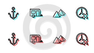 Set line Egypt pyramids, Anchor, Rv Camping trailer and Clock with airplane icon. Vector