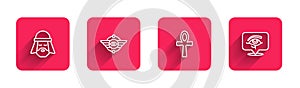 Set line Egyptian man, symbol Winged sun, Cross ankh and Eye of Horus with long shadow. Red square button. Vector