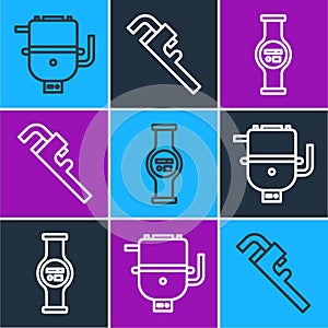 Set line Electric boiler for heating water, Water meter and Pipe adjustable wrench icon. Vector