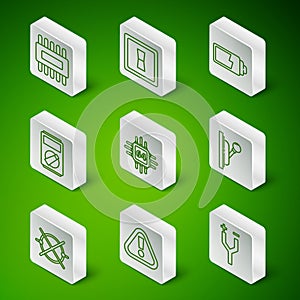 Set line Electric cable, Exclamation mark in triangle, Processor with microcircuits CPU, Multimeter, light switch