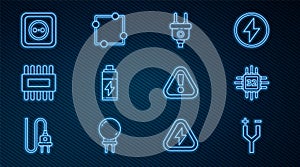 Set line Electric cable, Processor with microcircuits CPU, plug, Battery, Electrical outlet, Exclamation mark in