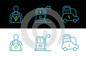 Set line Electric car, Car mechanic and charging station icon. Vector