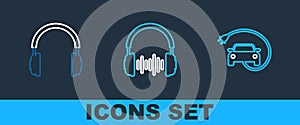 Set line Electric car, Headphones and and sound waves icon. Vector