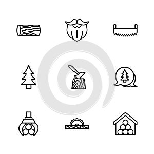 Set line Electric circular saw, Tree, Wooden logs, axe in stump, Two-handed, Mustache beard and icon. Vector