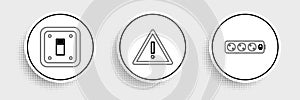 Set line Electric extension cord, light switch and Exclamation mark in triangle icon. Vector
