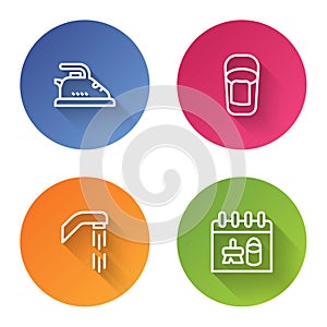 Set line Electric iron, Bucket with rag, Shower head and Cleaning calendar. Color circle button. Vector