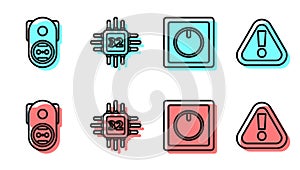 Set line Electric light switch, Electrical outlet, Processor with microcircuits CPU and Exclamation mark in triangle