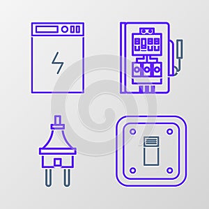 Set line Electric light switch, plug, Electrical panel and Power bank icon. Vector