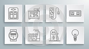 Set line Electric meter, Diesel power generator, Coal plant and factory, car charging station, Light bulb with concept