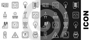 Set line Electric meter, Light bulb, Electrical outlet in the USA, with concept of idea, Solar energy panel and sun