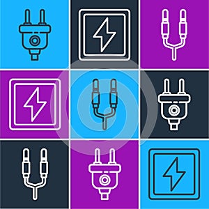 Set line Electric plug, Audio jack and Lightning bolt icon. Vector