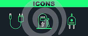 Set line Electric plug, Charger and car charging station icon. Vector