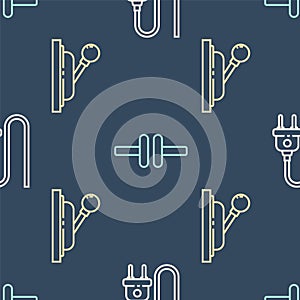 Set line Electric plug, Electrical panel and Electric circuit scheme on seamless pattern. Vector