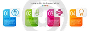 Set line Electric plug, LED light bulb, Processor with microcircuits CPU and Light emitting diode. Business infographic