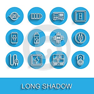Set line Electric plug, Lightning bolt, circuit scheme, Electrical measuring instruments, outlet, Battery, and Processor