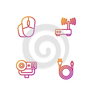 Set line Electric plug, Web camera, Computer mouse and Router and wi-fi signal. Gradient color icons. Vector