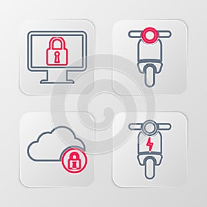 Set line Electric scooter, Cloud computing lock, Scooter and Lock on monitor icon. Vector