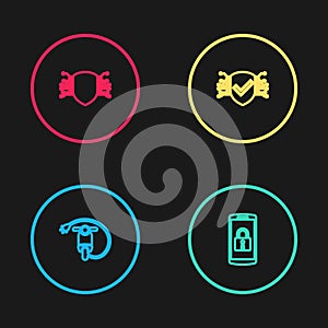 Set line Electric scooter, Smartphone with lock, Cyber security and icon. Vector