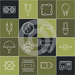 Set line Electrical measuring instruments, circuit scheme, LED light bulb, Lightning bolt, Audio jack, outlet and