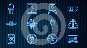 Set line Electrical measuring instruments, Exclamation mark triangle, transformer, Processor with microcircuits CPU