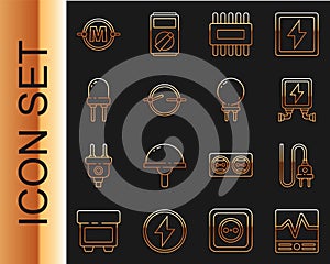 Set line Electrical measuring instruments, plug, transformer, Processor with microcircuits CPU, scheme, Light emitting