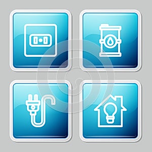 Set line Electrical outlet, Bio fuel barrel, plug and Smart house and light bulb icon. Vector