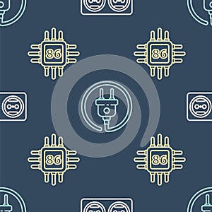 Set line Electrical outlet, Processor with microcircuits CPU and Electric plug on seamless pattern. Vector