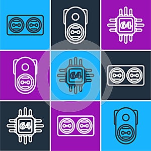 Set line Electrical outlet, Processor with microcircuits CPU and Electrical outlet icon. Vector