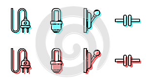 Set line Electrical panel, Electric plug, LED light bulb and Electric circuit scheme icon. Vector