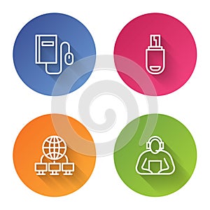 Set line Electronic book with mouse, USB flash drive, Computer network and Student. Color circle button. Vector