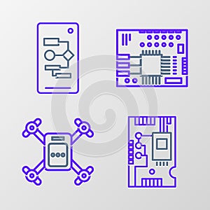 Set line Electronic computer components motherboard digital chip, Drone flying with action camera, Printed circuit PCB