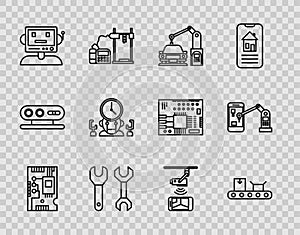 Set line Electronic computer components motherboard digital chip, Industrial machine robotic robot arm hand, Spanner