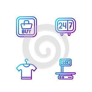 Set line Electronic scales, T-shirt, Buy button and Clock 24 hours. Gradient color icons. Vector