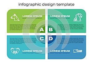 Set line Elephant, Horse head, Crocodile and Macaw parrot. Business infographic template. Vector