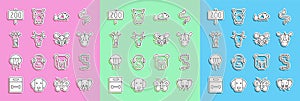 Set line Elephant, Worm, Rhinoceros, Rat, Cow head, Giraffe, Zoo park and icon. Vector