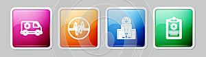 Set line Emergency car, Heart rate, Medical hospital building and Clinical record. Colorful square button. Vector