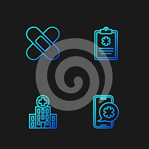 Set line Emergency phone call, Medical hospital building, Crossed bandage plaster and Clinical record. Gradient color