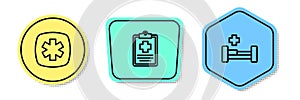 Set line Emergency - Star of Life, Patient record and Hospital bed. Colored shapes. Vector